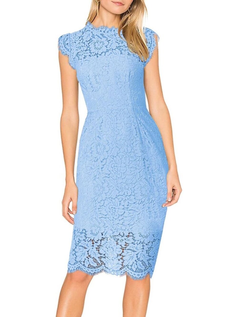 Women's Powder Blue Lace Cocktail CrewNeck Sleeveless Slimming Sheath Midi Dress